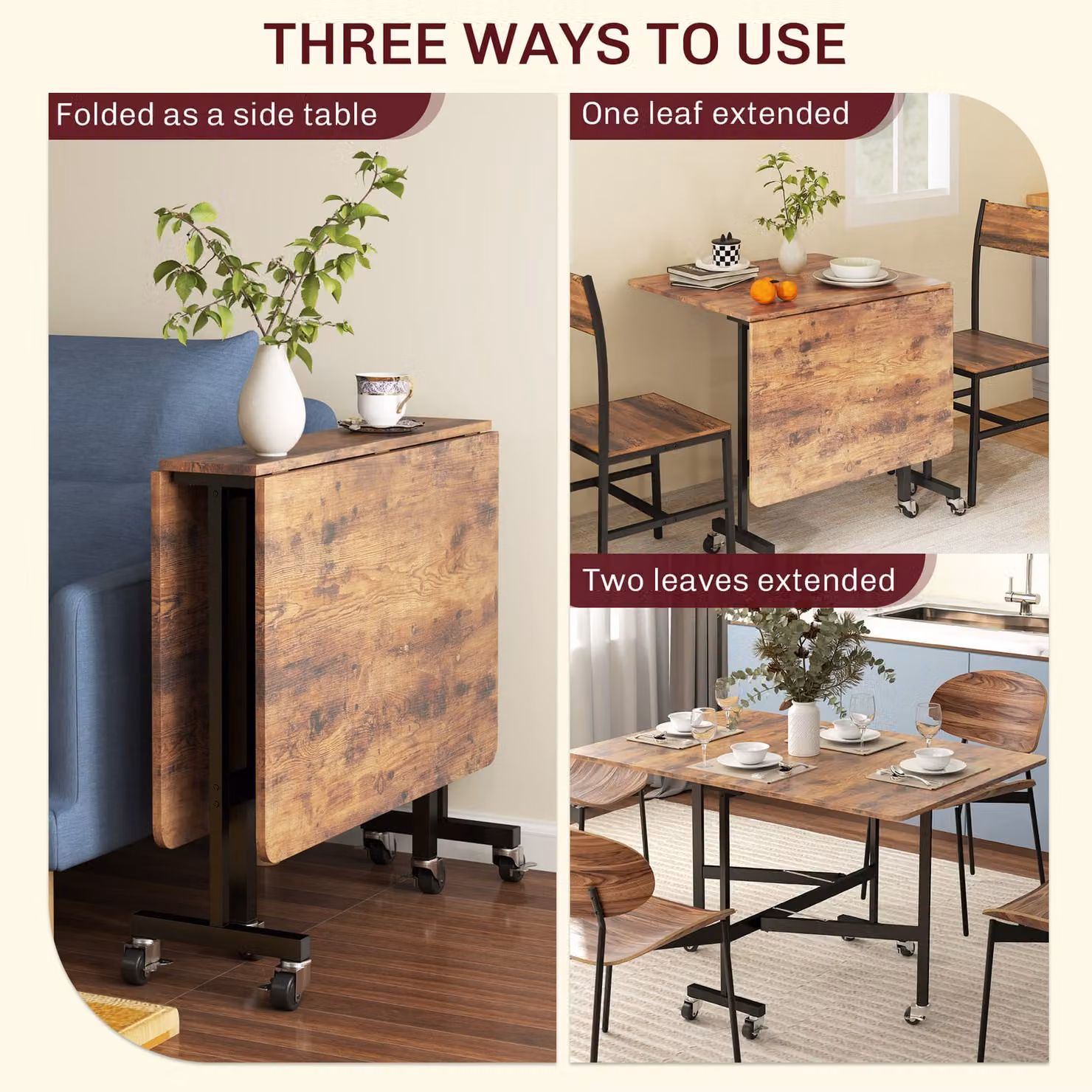 HOMCOM Six-Seater Butterfly Drop-Leaf Dining Table with Castors, Brown Wood-Effect – 3