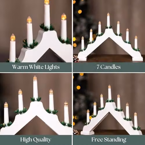 Marco Paul Interiors White Wooden Christmas Candle Bridge with 7 Warm White Battery Powered Taper Lights and Flicker Effect – 3