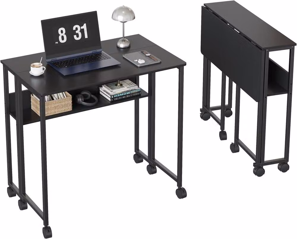 London Boutique Folding Computer Desk with Storage Shelf and Castors, Black – 3