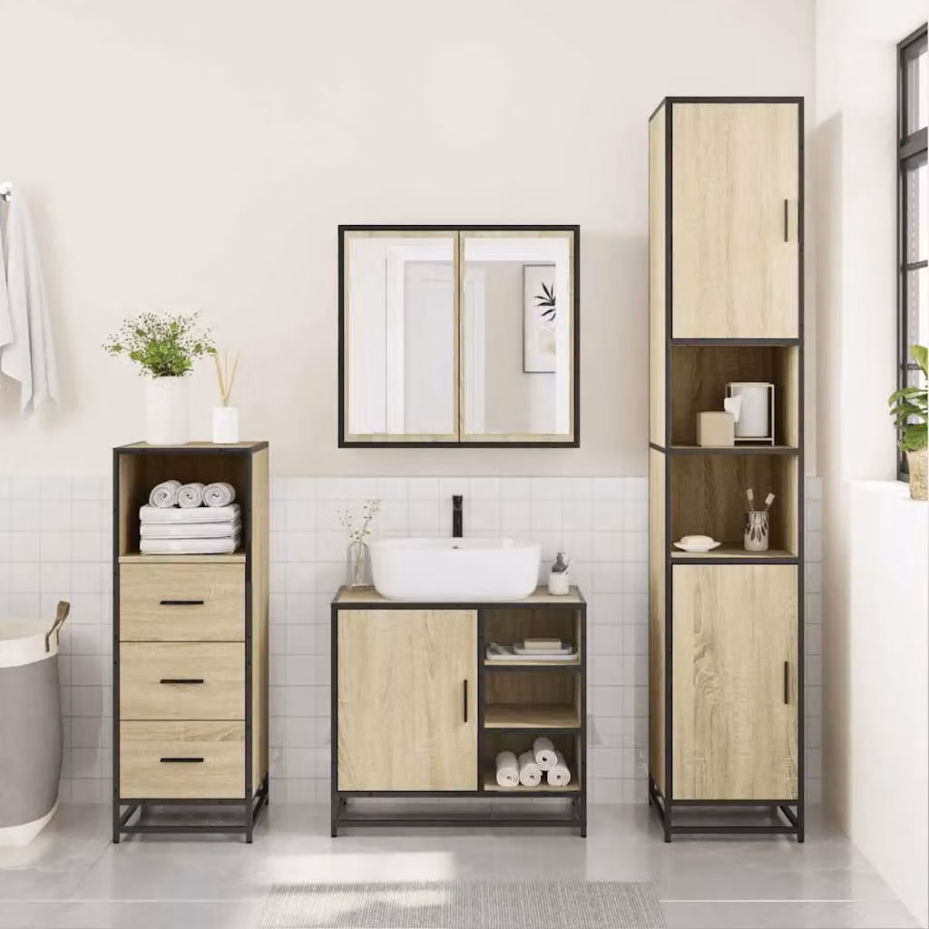 Berkfield Home 3 Piece Industrial Bathroom Furniture Set in Brown Sonoma Oak – 3
