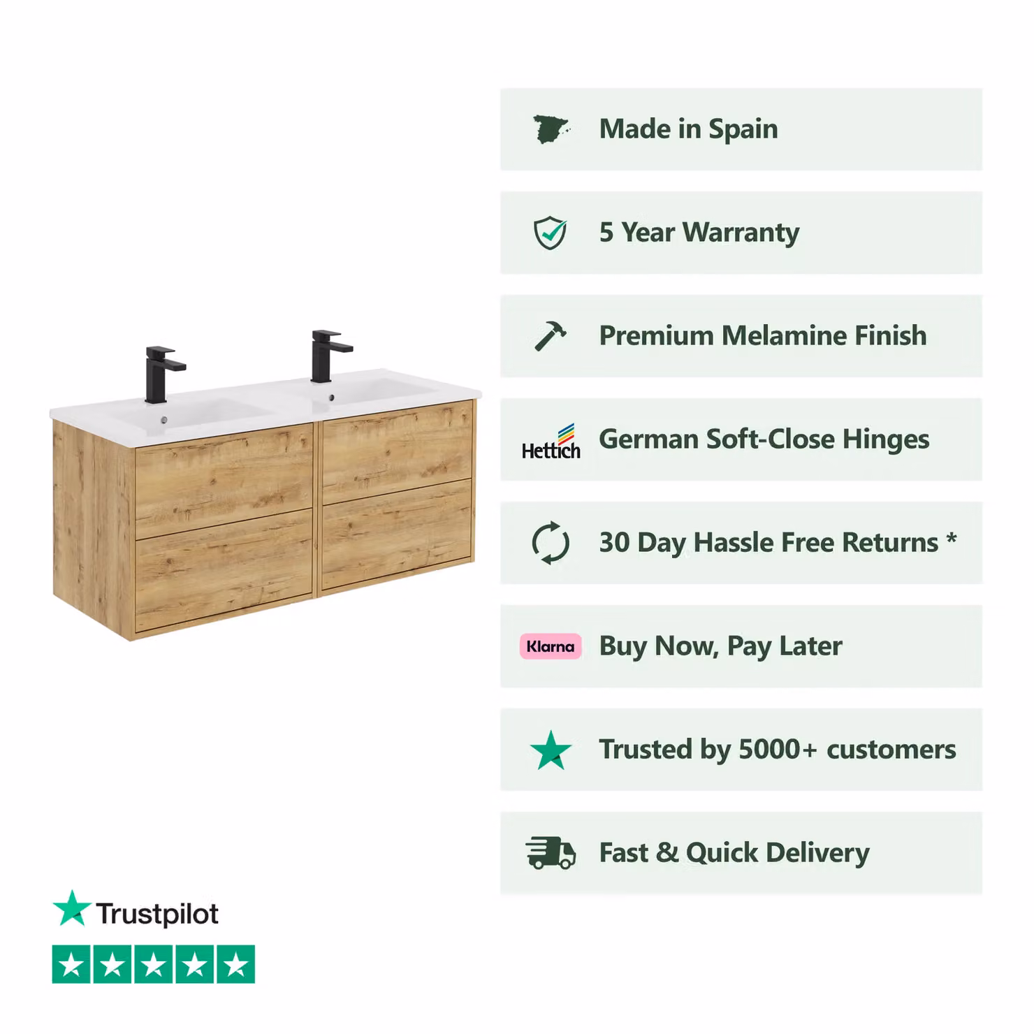 Banyetti Venti 1200mm Wall Hung Vanity Unit with Lira Basin in Ostippo Light Oak – 2