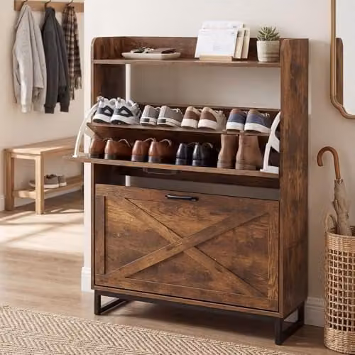 Levede Slim Shoe Cabinet with 2 Tilting Drawers and Internal Shelves, Brown Walnut Wood Colour, H 80 x W 100 x D 24 cm