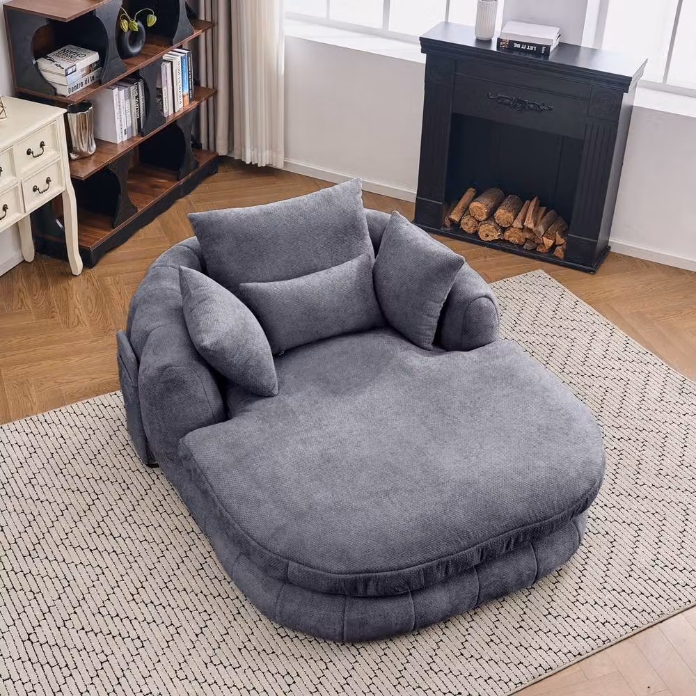 Matteo Oversized Plush Chenille Chaise Lounge Sofa with Pillows, Grey – 3