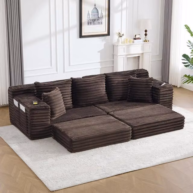 Aosom UK Brown Corduroy Convertible Sofa Bed with High Backrest, Extra Pillow and Dual Side Pockets, W/D/H: 107.5 x 38.5 x 34 cm – 1