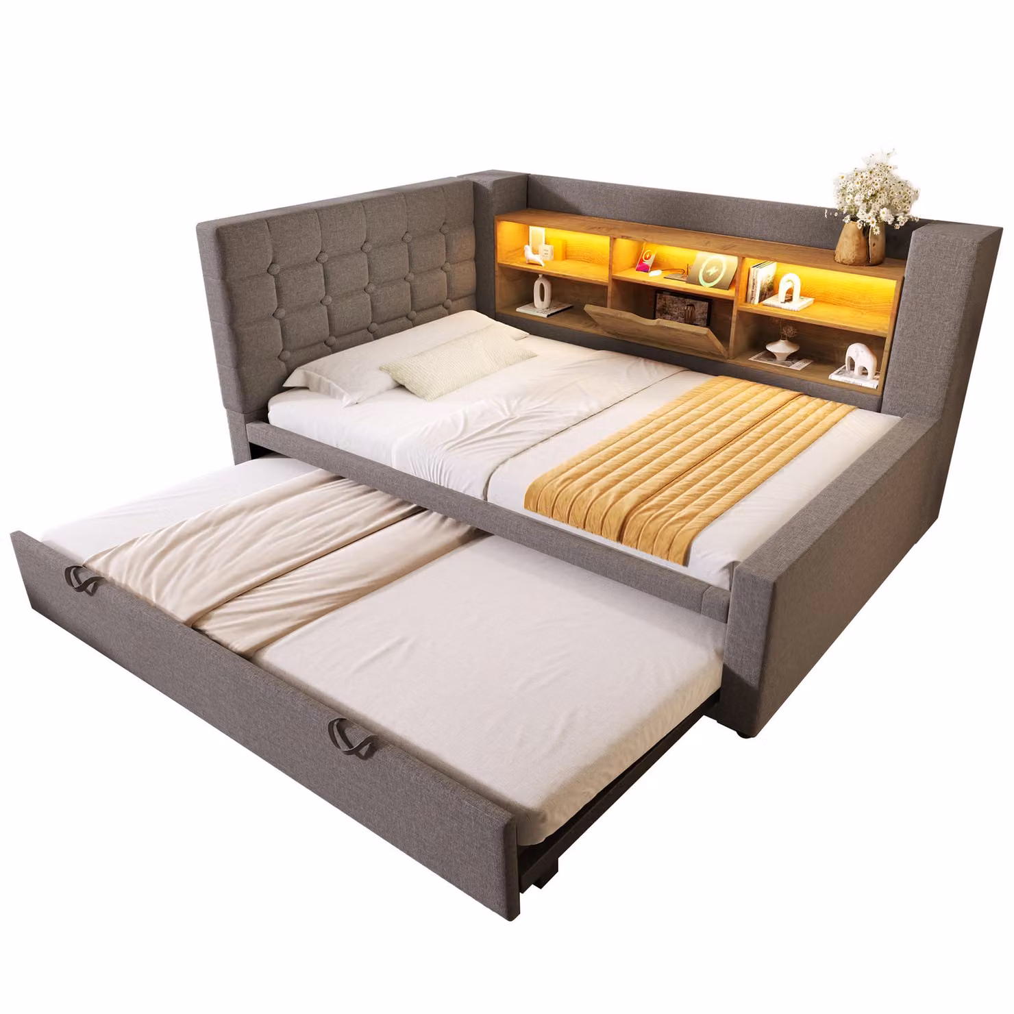 Aosom UK Grey Linen Upholstered Daybed with Pull-Out Trundle, LED Lighting, USB Charging Port and Storage, W: 107 cm, D: 204 cm, H: 88 cm – 2