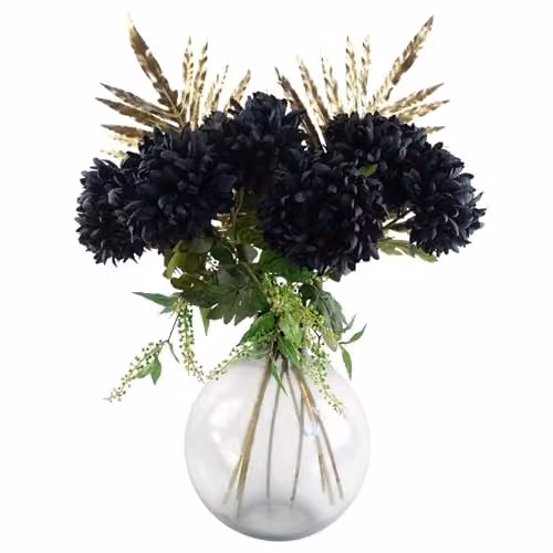 Leaf Design Black Chrysanthemum Artificial Flower Bundle with Round Glass Ball Vase in Grey, Green and Gold, Height: 95 cm