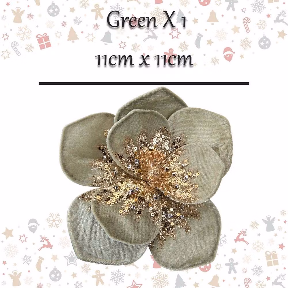 VFM e-Store Green Velvet Floral Christmas Decoration, W/D/H: 11 x 11 x 11 cm – 2