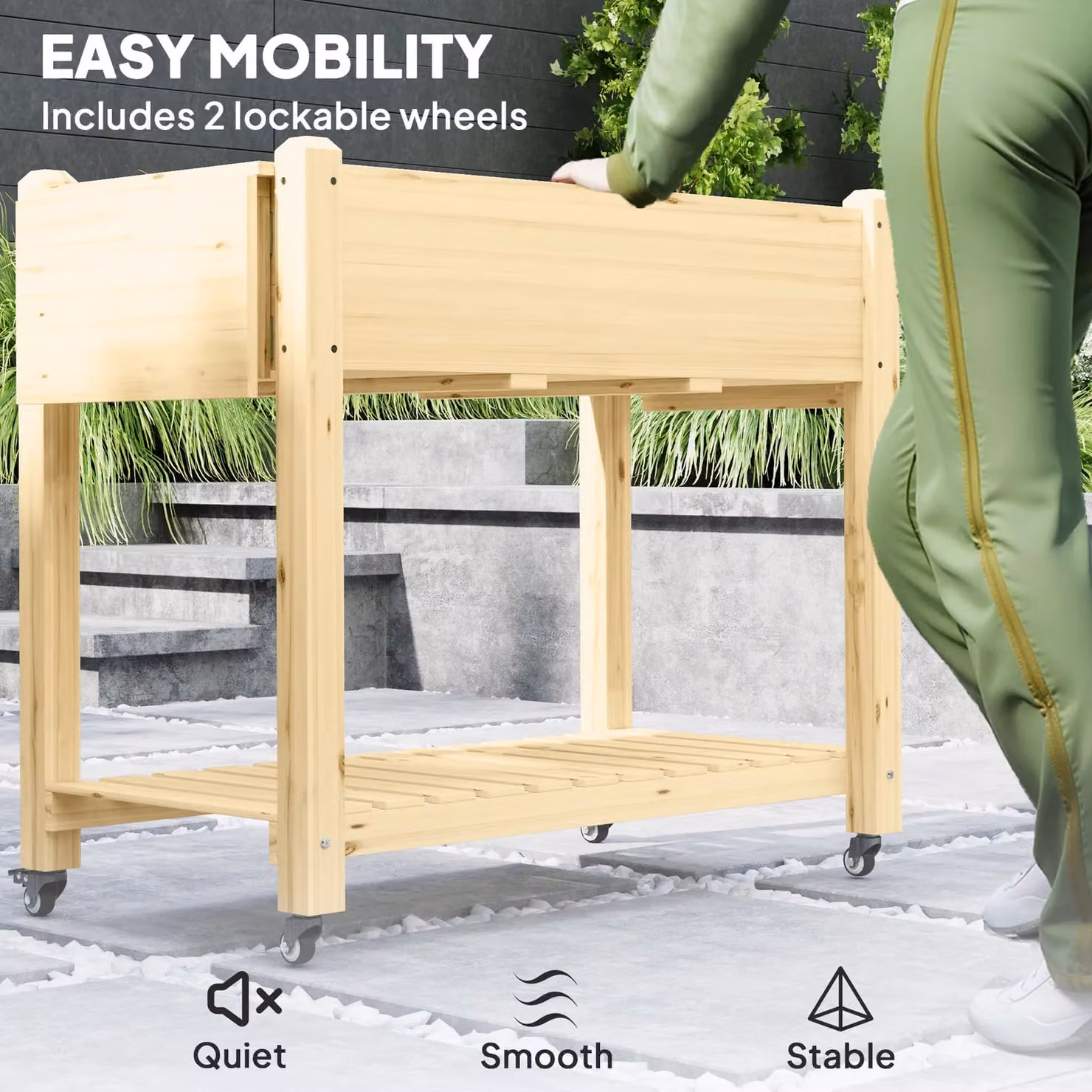 OUTSUNNY Natural Wooden Raised Planter with Liner and Lockable Wheels, W/D/H: 52.0 x 46.0 x 86.0 cm – 4