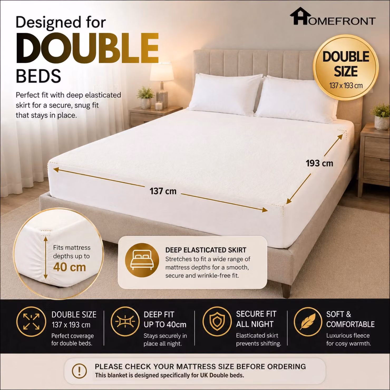 Homefront Double Bed Size Fleece Fitted Heated Mattress Cover in White, W/D/H: 140 x 200 cm – 2