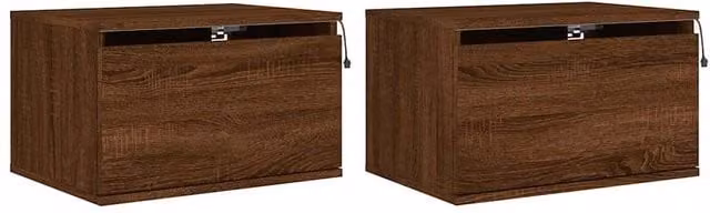 Berkfield Home Set of 2 Wall-mounted Modern Bedside Cabinets with Integrated LED Lights in Brown Oak
