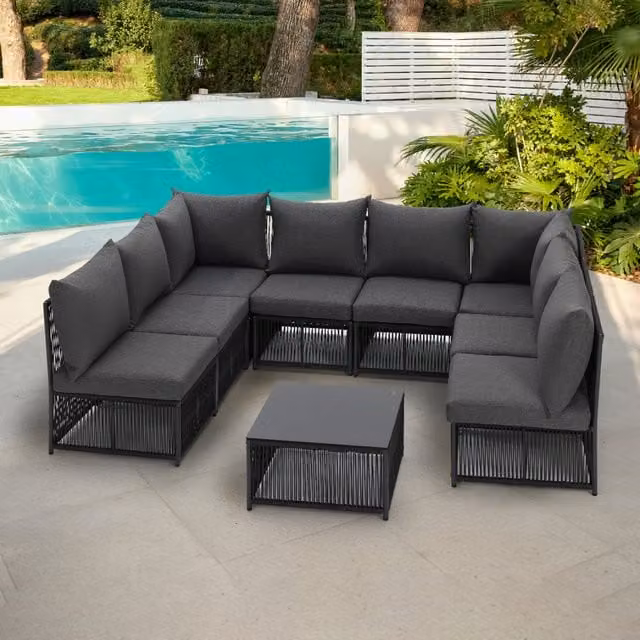 GRS Remi Modular Rope Style Garden Set in Black and Grey with Sofa and Coffee Table