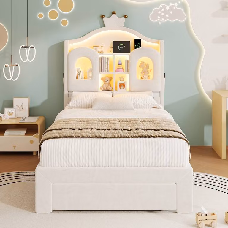 Rolipo Double Velvet Bed Frame in Beige with LED Storage Headboard, Drawers, USB Charging Port and Bedside Shelf