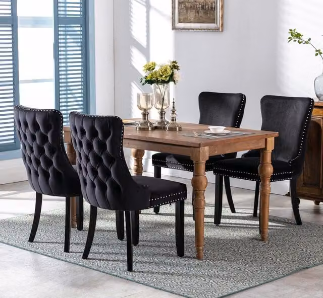 HomeTouch Sierra Set of 4 Black Velvet Tufted Dining Chairs with Oak Wood Legs – 1