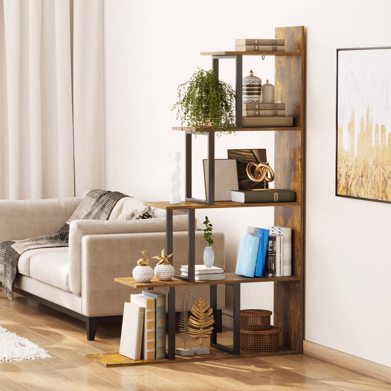 HOMCOM 5-Tier Wooden Ladder Bookshelf Display Stand in Rustic Brown – 6