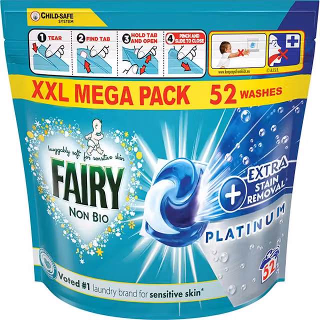 Fairy Platinum+ Non Bio Stain Removal Pods, Multicolour, 52 Count