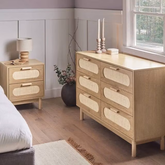 Wyld and Coco Boho 6-Drawer Chest in Brown with Rattan and Rubberwood Fronts – 1