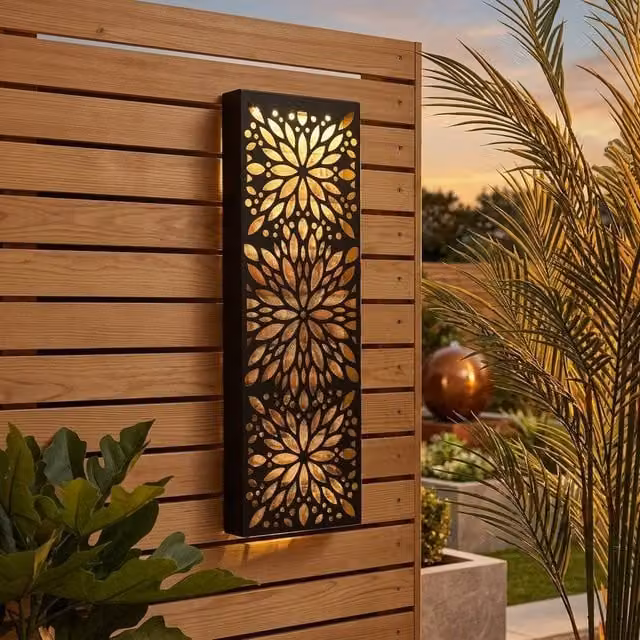 Garden Greatness Solar Metal Flower Design LED Wall Panel in Black