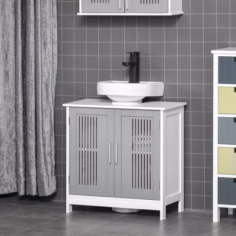 STILVORA Grey Under Sink Bathroom Cabinet with Adjustable Internal Shelves and Hinged Doors – 2