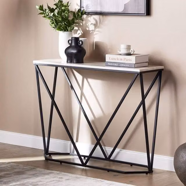 Wyld and Coco Console Table with White Marble Effect Top and Black Powder Coated Iron Legs, W/D/H: 100 x 30 x 75 cm