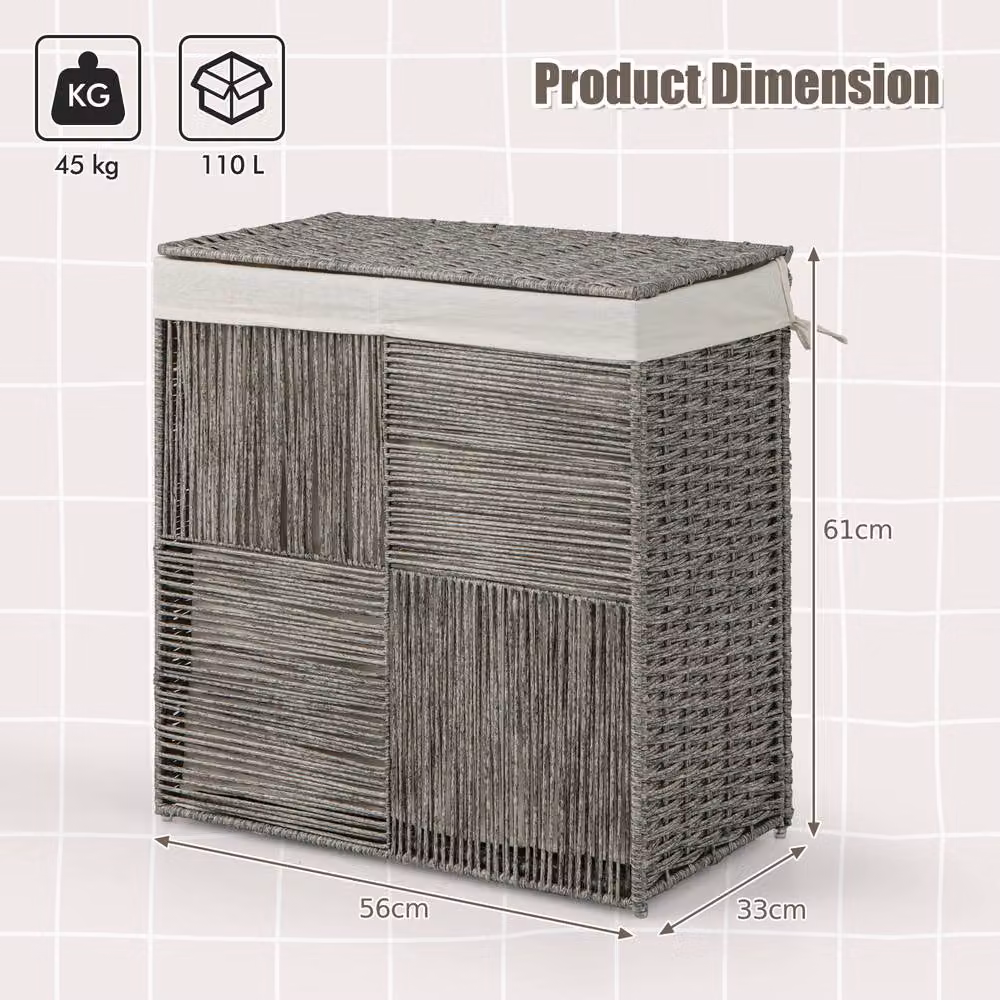 Costway 110L Hand-woven Rattan Laundry Basket with Lid and Removable Bag in Grey – 5