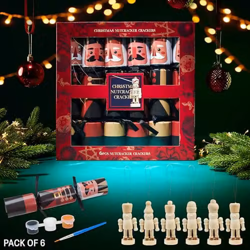 KreativeKraft 6 Pack Red Paint Your Own Nutcracker Christmas Crackers with Multicolour Star and Animal Decorations – 5