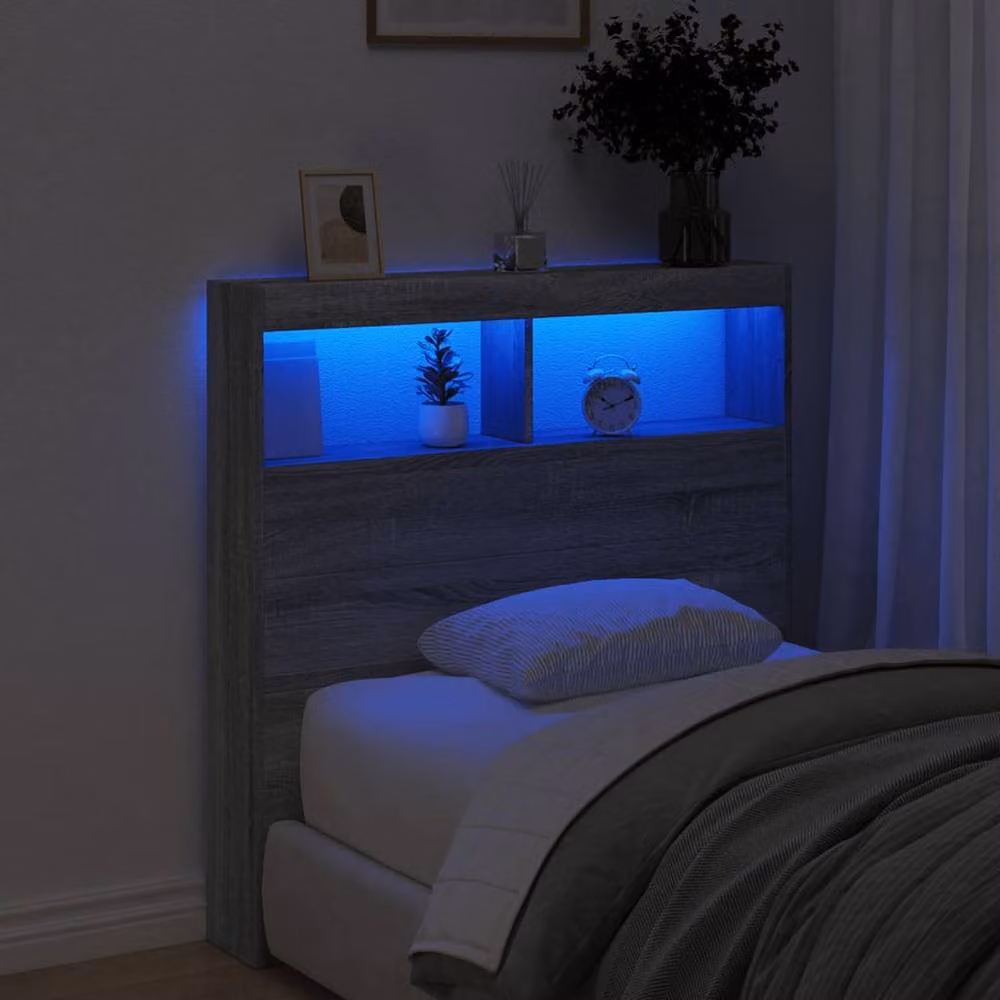 Berkfield Home Headboard Cabinet with LED in Grey Sonoma, W/D/H: 100 x 17 x 102 cm – 4