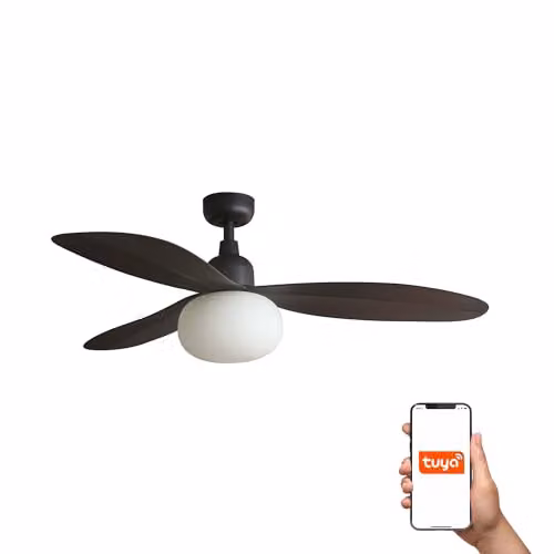 FARO Palma Medium 3 Blade Ceiling Fan in Brown with Light and Tuya Smart App Control, IP44 Rated
