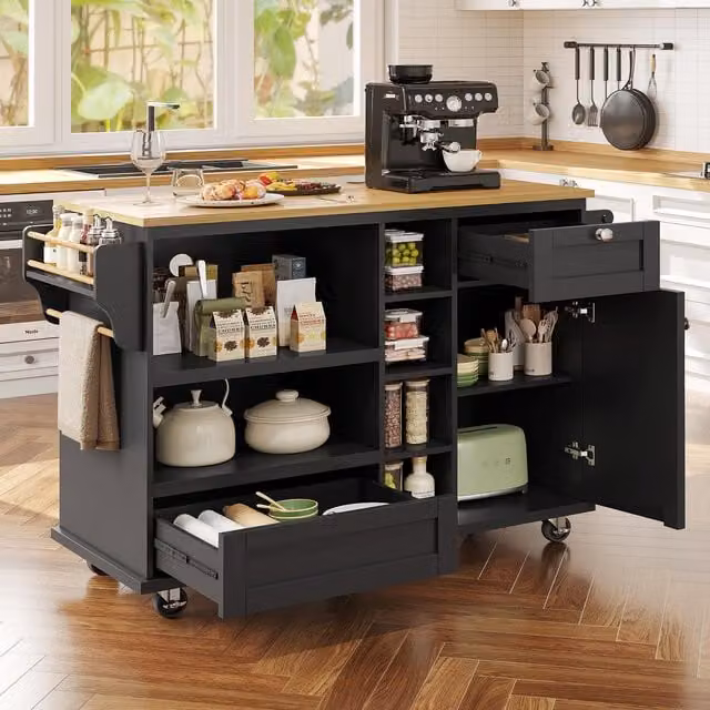 Aosom UK Modern Black Dining Trolley with Drawers, Cupboards, Open Shelving and Wooden Worktop, W/D/H: 129 x 46 x 92 cm – 1