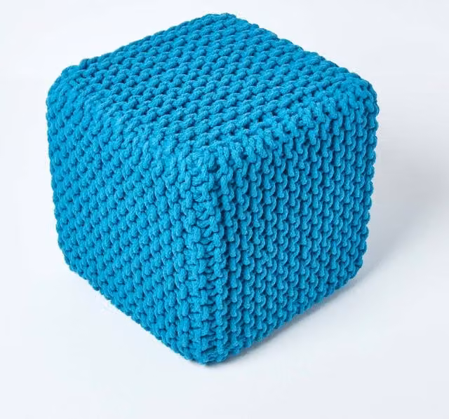 Homescape Cotton Knitted Cube Pouffe in Petrol Blue