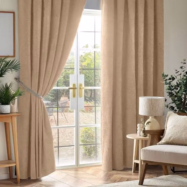 Luxury Living Beige Chenille Blackout Pencil Pleat Top Curtains, Width: 229 cm, Drop: 229 cm
