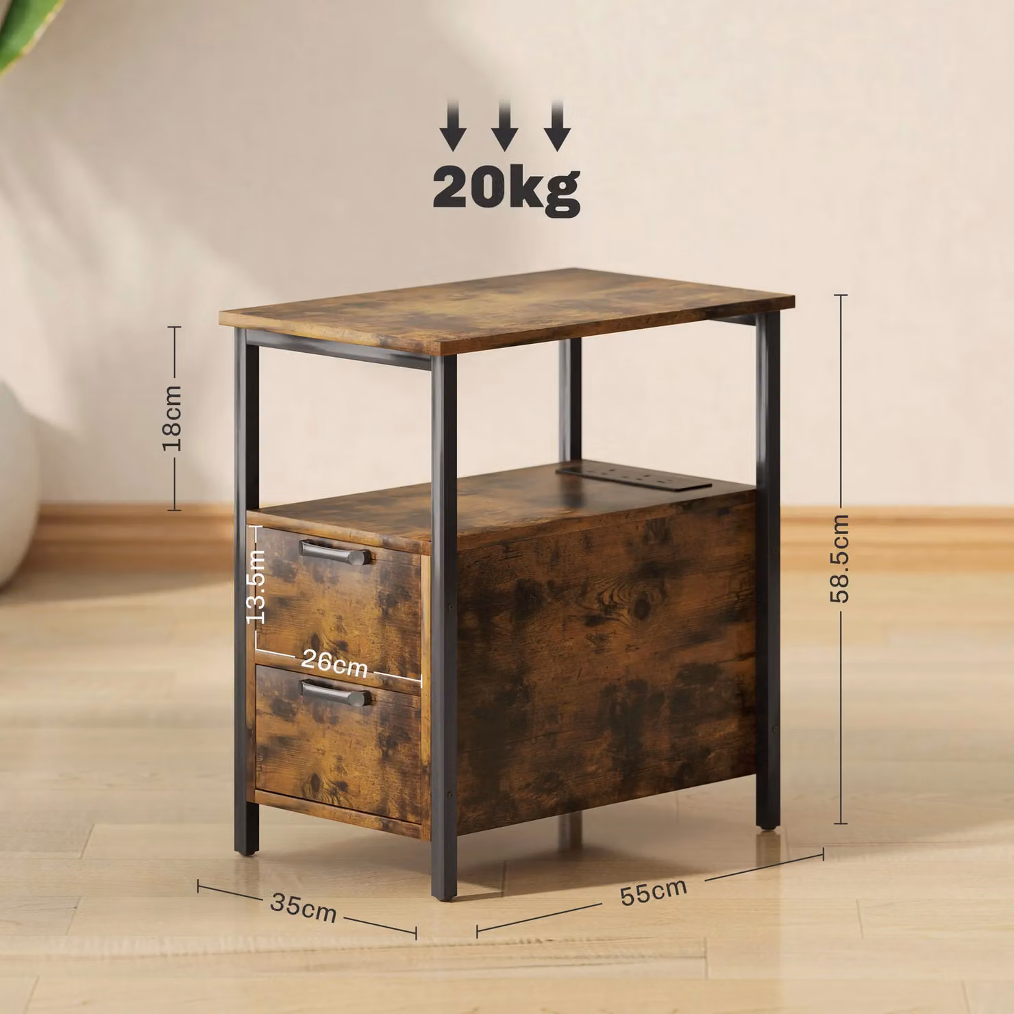 HOMCOM Side Table with Charging Station and Media Compartments, Rustic Brown – 3