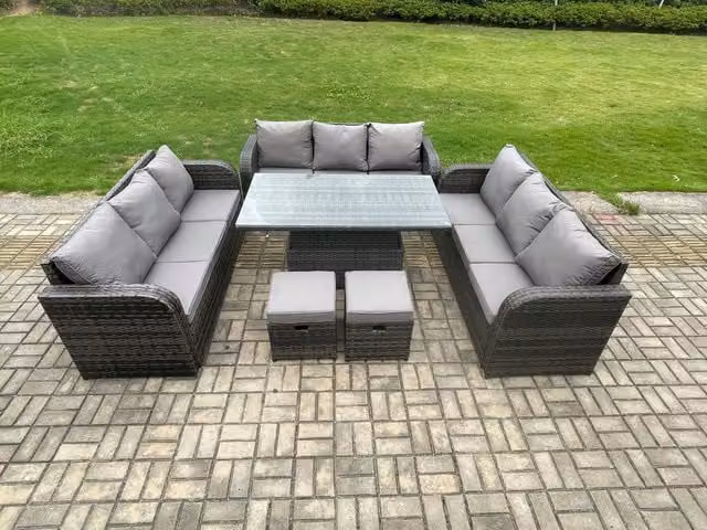 Fimous Garden Dining Set Dark Grey Rattan Lounge Sofa and Height Adjustable Rising Table