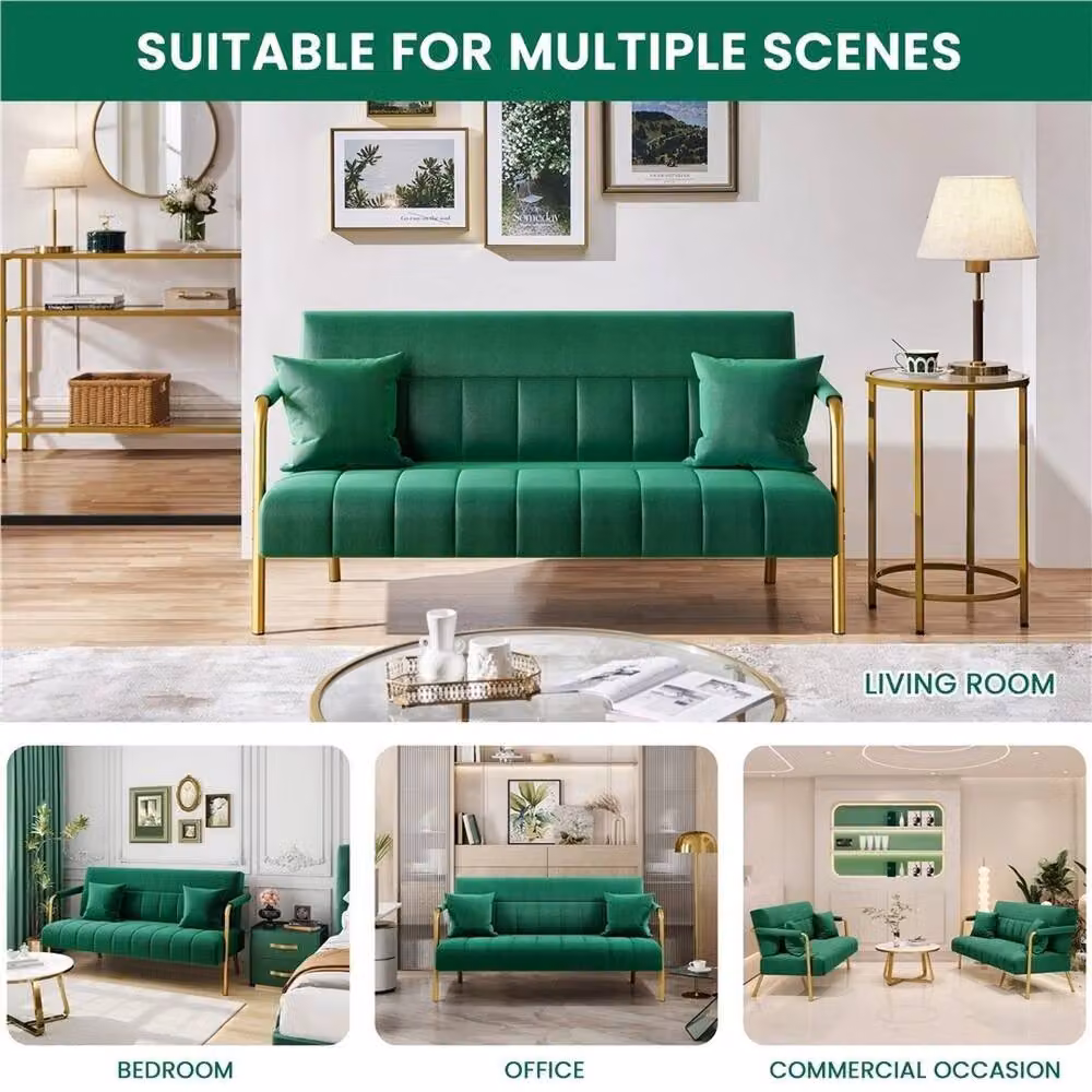 VOGREX Green Velvet Loveseat with Gold Accents and Scatter Cushions, W/D/H: 143.5 x 75.5 x 71.5 cm – 4