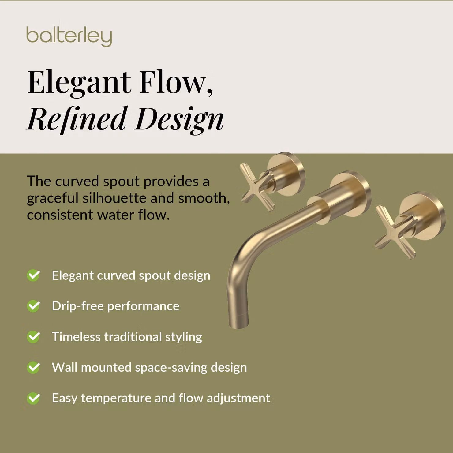Balterley Connect Wall Mounted 3 Hole Basin Mixer Tap with Curved Spout in Brushed Brass – 3