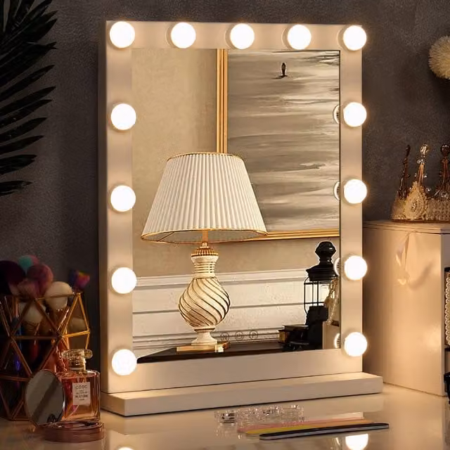 Livingandhome Glamour Luxury Hollywood Tabletop Makeup Mirror, White, Width: 42 cm