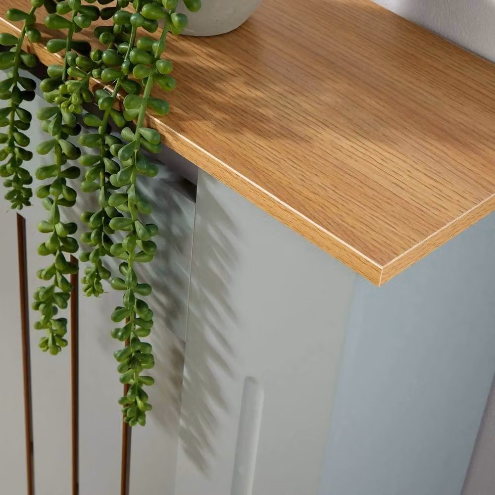 VOGREX Grey Oak Wooden Radiator Cover with Slatted Grill and Wall Cabinet Shelf – 2
