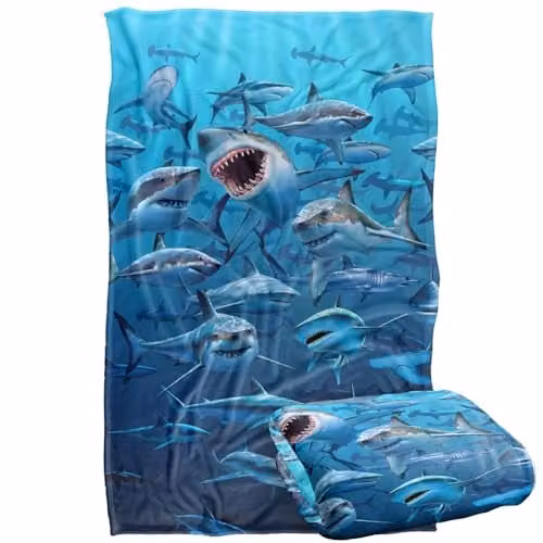 JQ Licensing Royce McClure Wish You Were Here Great White Sharks Super Soft Silky Touch Fleece Throw Blanket, W/D/H: 91 x 147 cm, Blue/Multicolour