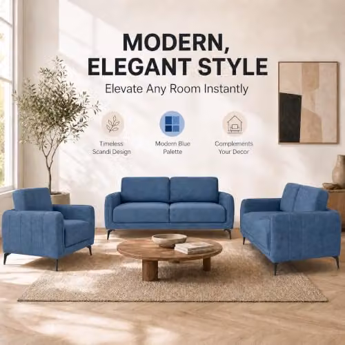 Bravich Brixton 3 Piece Blue Fabric Sofa Set with Solid Wood Frame and Foam Cushions – 3