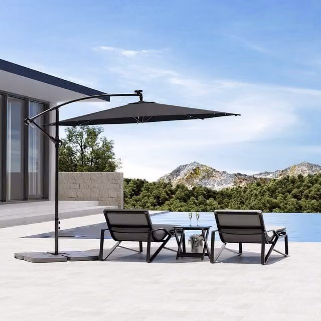 Komore 3m Solar LED Parasol with Square Stand in Grey and Black Polyester
