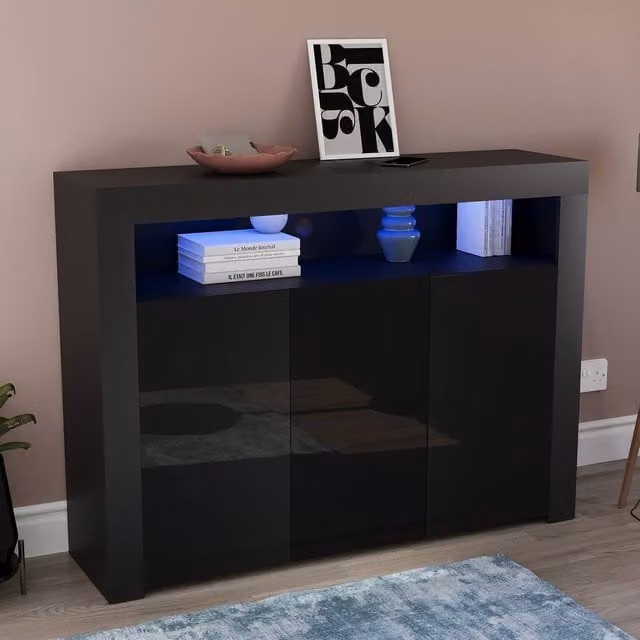 HD Designs Nova 3 Door LED Sideboard Cabinet in Black, W/D/H: 130 x 97 x 35 cm – 1