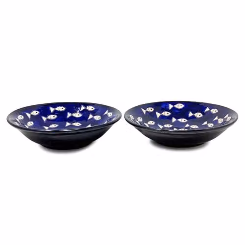 Verano Spanish Ceramics Signature Blue and White Fish Ceramic Serving Dishes, Set of 2, Width: 41 cm – 1