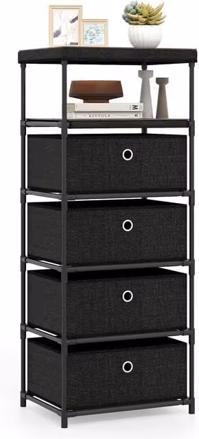 COSTWAY Fabric Storage Tower Dresser with 4 Drawers, Black