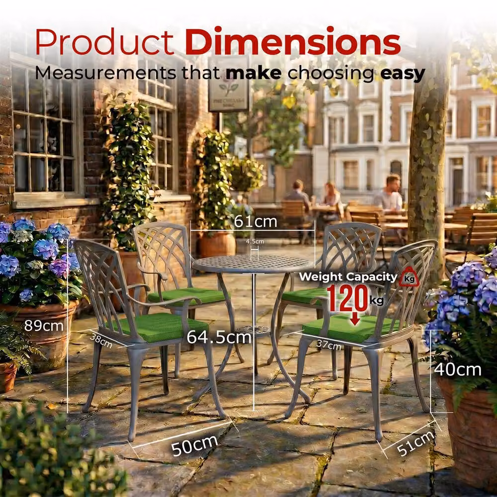 Centurion Supports OSHOWA 5-Piece Cast Aluminium Bistro Set with Round Table, 4 High-Back Armchairs and Green Cushions in Grey – 5
