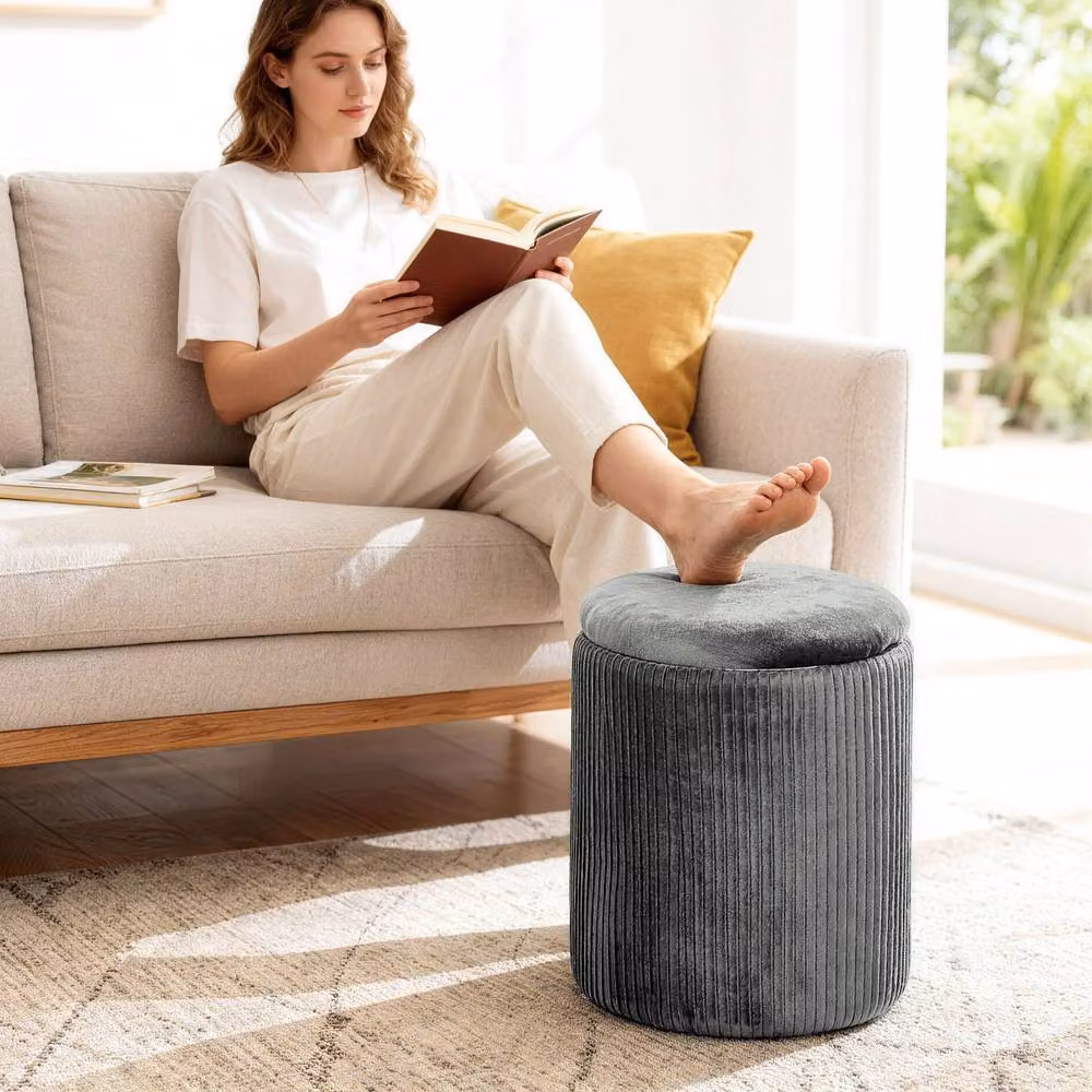 STILVORA Grey Fabric Storage Ottoman with Coffee Table Lid – 6