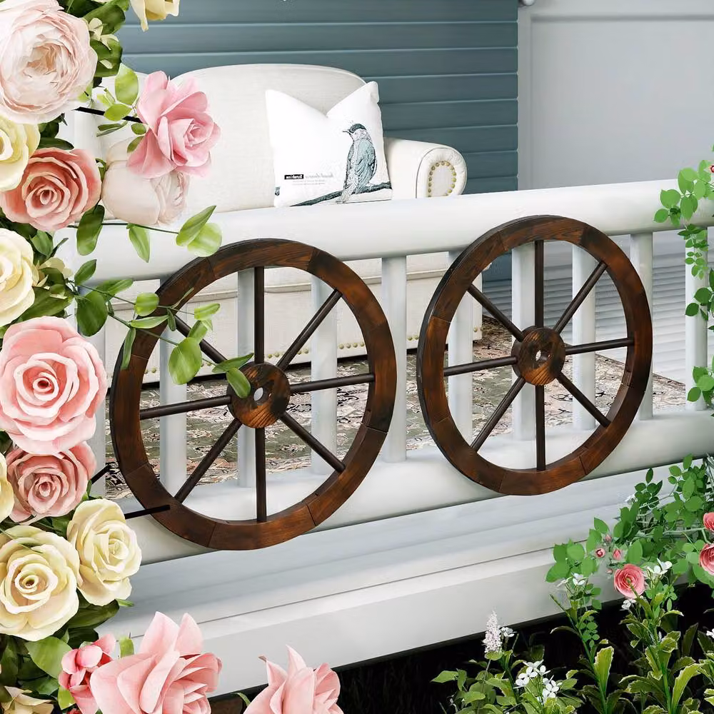 Costway Set of 2 Rustic Wood Wagon Wheels Vintage Wall Hanging Decoration, Brown, Diameter: 60.96 cm – 7