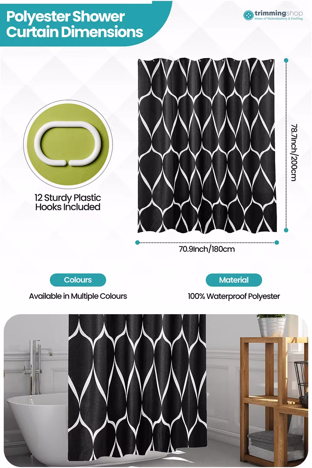 Neel Blue Lattice Design Waterproof Polyester Bathroom Shower Curtain in Black and Blue with Hooks, W: 180 cm, H: 180 cm – 2