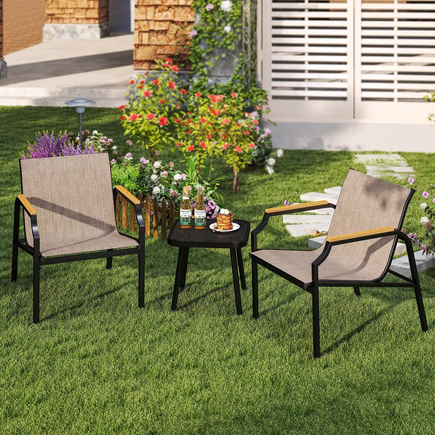 Costway 3 Piece Outdoor Garden Furniture Set with Metal Frame Armchairs and Table in Brown – 4