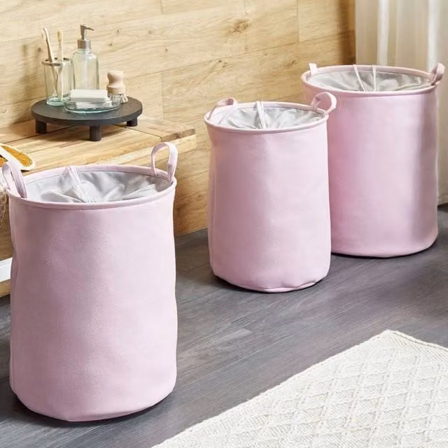 Wyld and Coco Pink 3-Piece Drawstring Storage Baskets in Woven Cotton-Polyester Fabric – 1