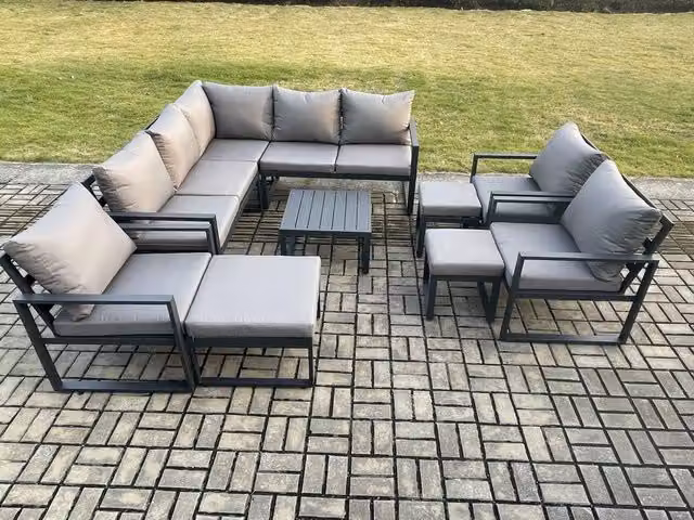 Fimous 11 Seater Outdoor Aluminium Garden Furniture Set, L-Shape Corner Lounge Sofa with Square Coffee Table and 3 Matching Ottomans, Dark Grey