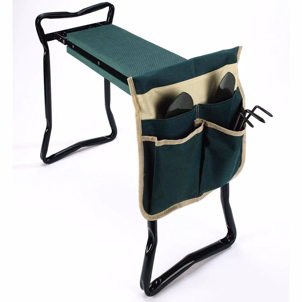 mysmartbuy Garden Kneeler and Hand Tool Set in Green with Foam Padding, Side Pocket, and 2 Trowels and Rake – 5
